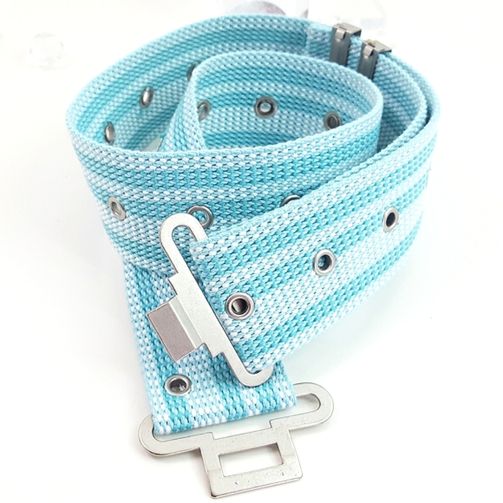 Unisex Web Belt💙 Blue Stripped Nylon Grommets Canvas | Metal Buckle